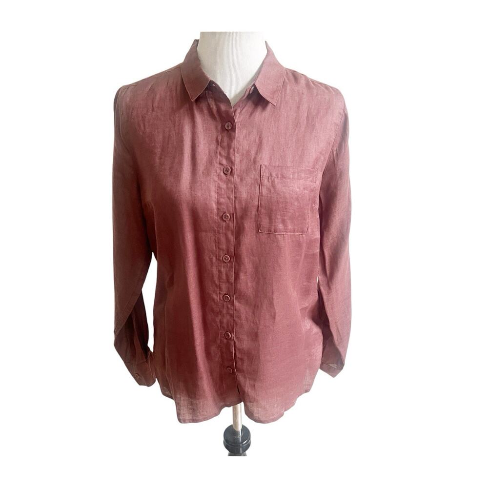Garnet Hill Women’s European Flax Linen Long Sleeve Shirt Size 4 Brown Coastal
